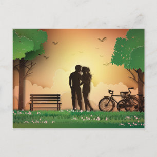 Carte Postale Couple Papercut dans Park Sunset, vélo