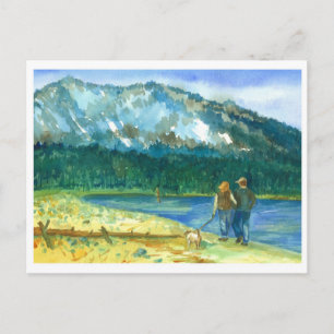 Carte Postale Couple romantique Amour Winter Lake Walk Aquarelle