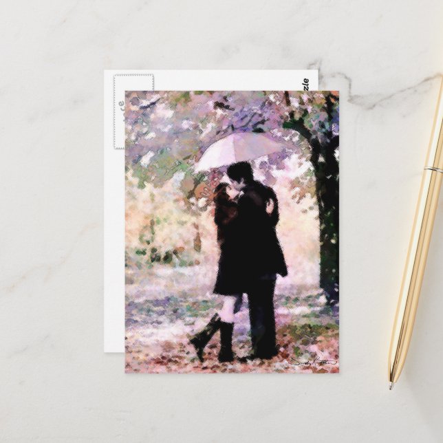 Carte Postale Couple romantique amoureux S'embrasser dans la plu (Devant/Arrière en situation)