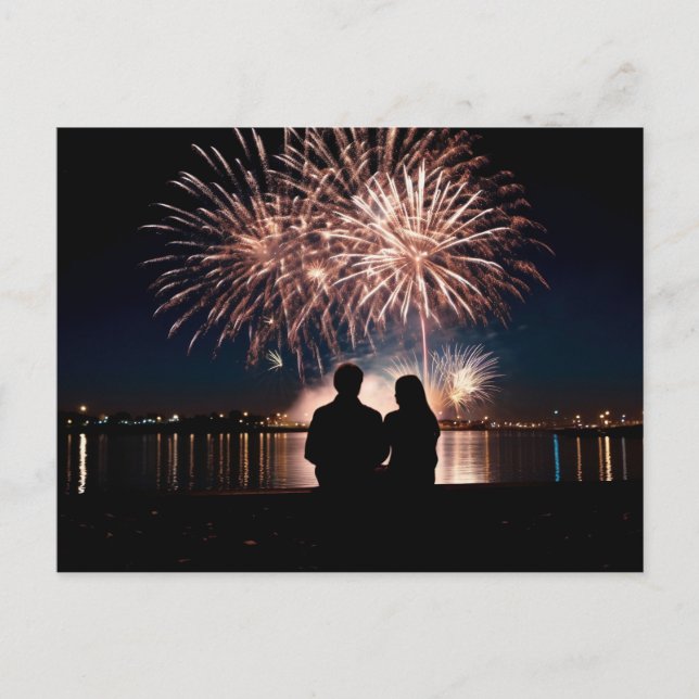 Carte Postale Couple Silhouette regarder les feux d'artifice (Devant)