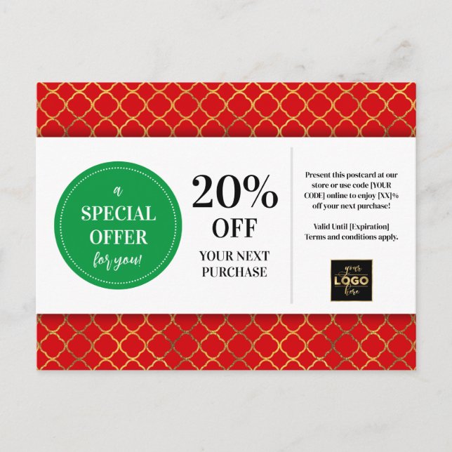 Carte Postale Coupon Rouge Vert Noël Remise (Devant)