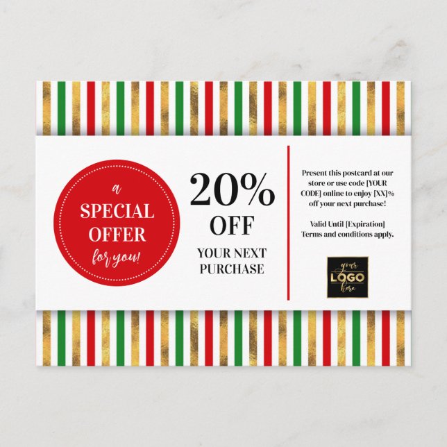 Carte Postale Coupon Rouge Vert Or Noël Remise (Devant)