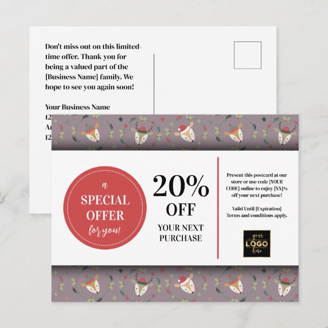 Carte Postale Coupon sur mesure de Cerf de Noël (Devant / Derrière)