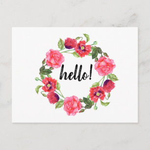 Carte Postale Couronne de fleurs aquarelles rouges et roses