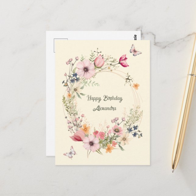 Carte Postale Couronne de fleurs et papillons d'anniversaire mag (Devant/Arrière en situation)