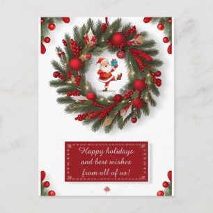 Carte Postale Couronne de Noël festive Santa  Verdure Rouge