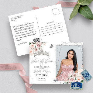 Carte Postale Couronne de photo de Quinceañera en rose et argent