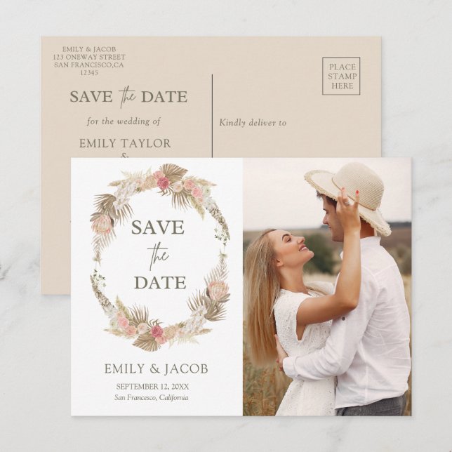 Carte Postale Couronne florale Boho Enregistrer la date (Devant / Derrière)