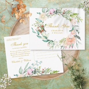Carte Postale Couronne florale de roses or écriture remerciement