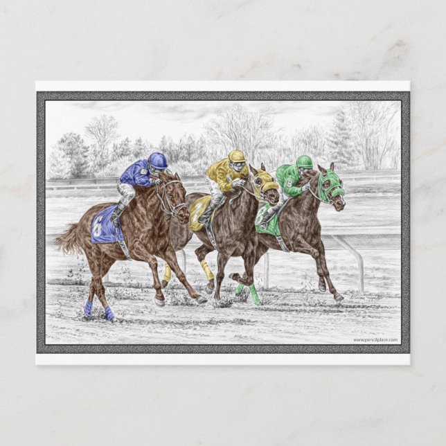 Carte Postale Course à trois chevaux - Cou et Cou (Devant)