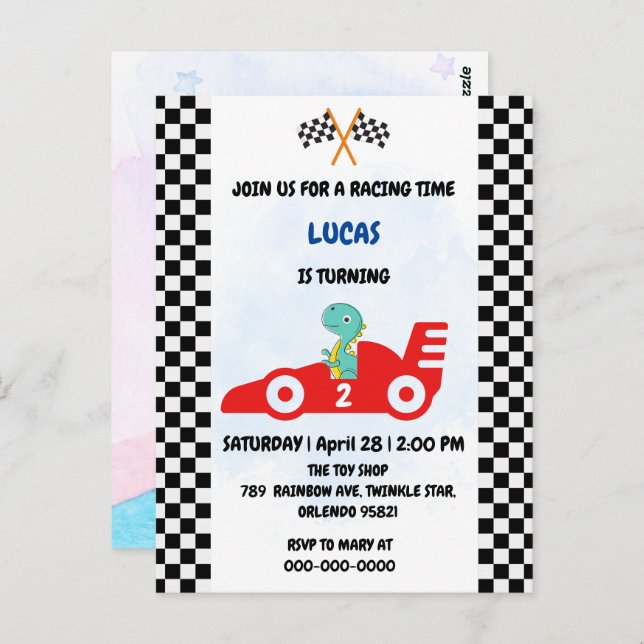 Carte Postale Course de dinosaure d'anniversaire voiture garçon  (Devant / Derrière)