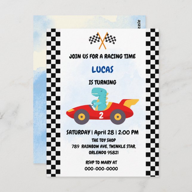 Carte Postale Course de dinosaure d'anniversaire voiture garçon  (Devant / Derrière)