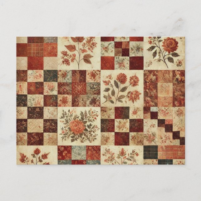 Carte Postale Courtepointe patchwork en terre cuite, motif flora (Devant)
