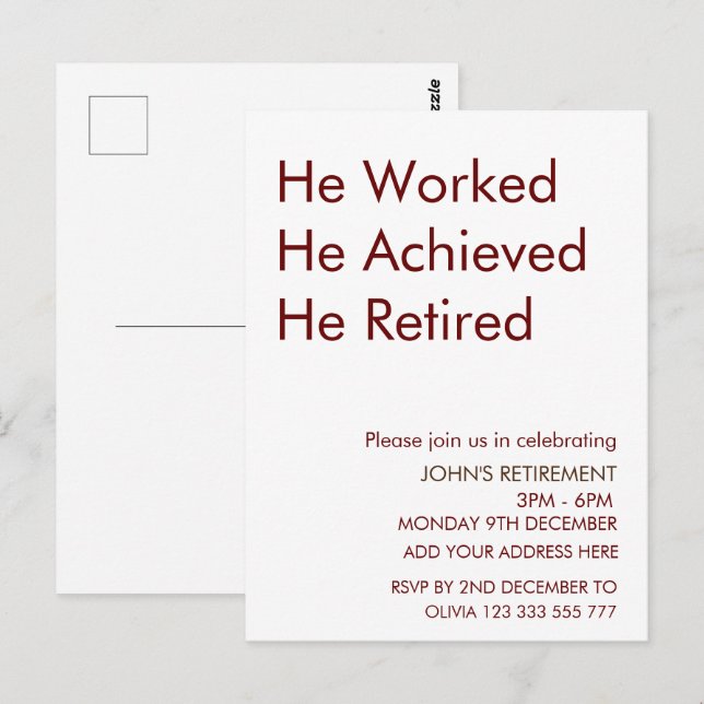 Carte Postale Coutume de retraite Il a travaillé Il a réussi Il  (Devant / Derrière)