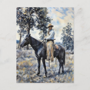 Carte Postale cow-boy assis sur un cheval peinture d'art occiden