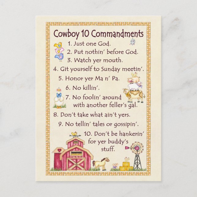 Carte Postale Cowboy 10 Commandments - Fun de ferme (Devant)