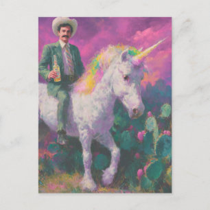 Carte Postale Cowboy à cheval sur une licorne dans le ciel pourp