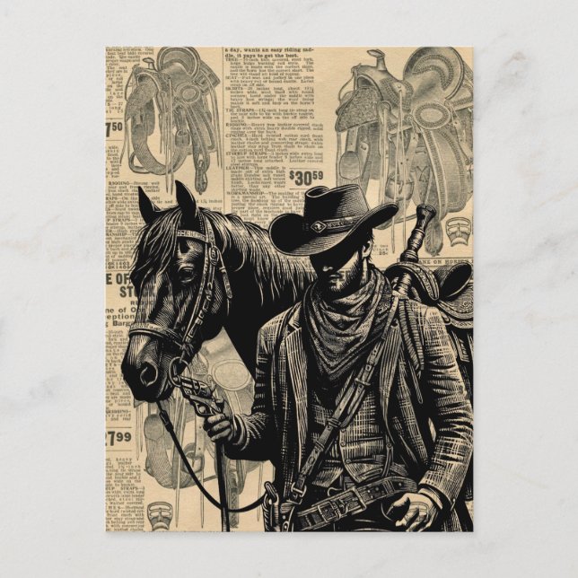 Carte Postale Cowboy avec selle à cheval art occidental (Devant)
