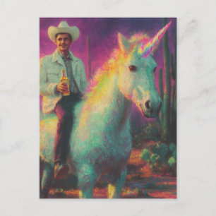 Carte Postale Cowboy fait la tournée d'une licorne dans le déser