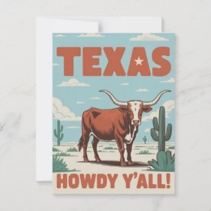 Carte Postale Cowboy Longhorn Classique Rétro du Texas