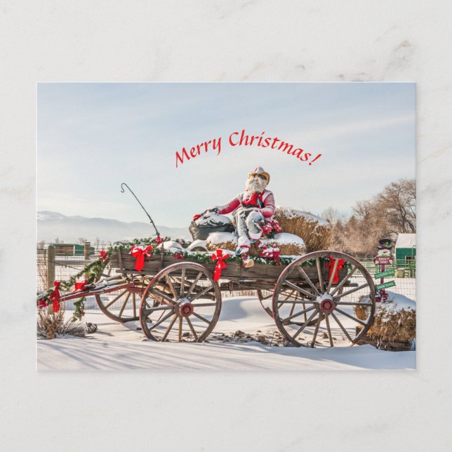 Carte Postale Cowboy Père Noël - Wagon avec Hay Bales (Devant)