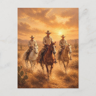 Carte Postale Cowboys de l'Ouest chevauchant des chevaux Coucher