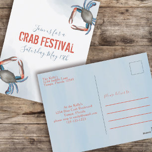 Carte Postale Crabe Bleu Moderne Aquarelle Minimaliste Côtière