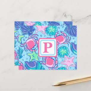 Carte Postale Crabe de coquillage de plage monogramme chic