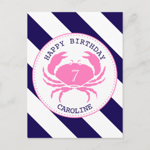 Carte Postale Crabe rose Nautique Invitation d'anniversaire