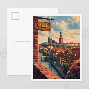 Carte Postale Cracovie Pologne Art Vintage Illustration de voyag