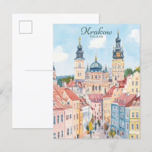 Carte Postale Cracovie Pologne Gouache Illustration Voyage