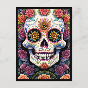 Carte Postale Crâne à sucre Art - Dia de los Muertos Crâne flora