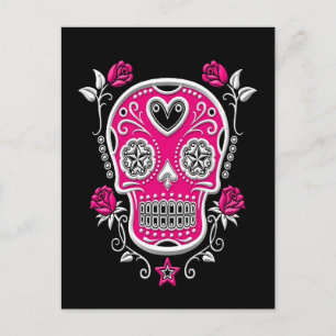Carte Postale Crâne à sucre blanc et rose avec Roses en noir