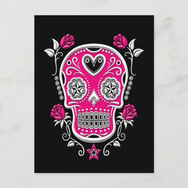 Carte Postale Crâne à sucre blanc et rose avec Roses en noir (Devant)
