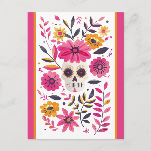 Carte Postale Crâne à sucre Fuchsia Fleurs mexicaines Cinco de M (Devant)