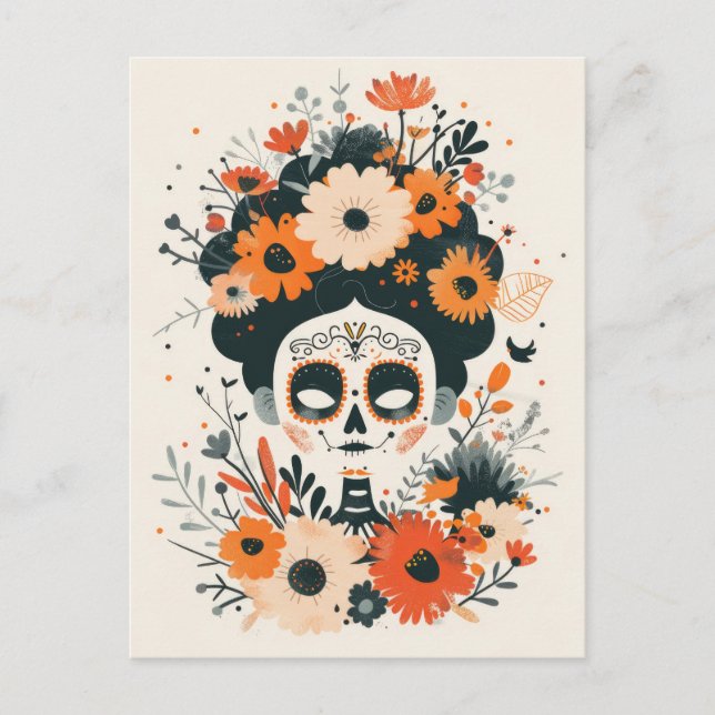 Carte Postale Crâne à sucre mignon avec fleurs Jour des morts (Devant)