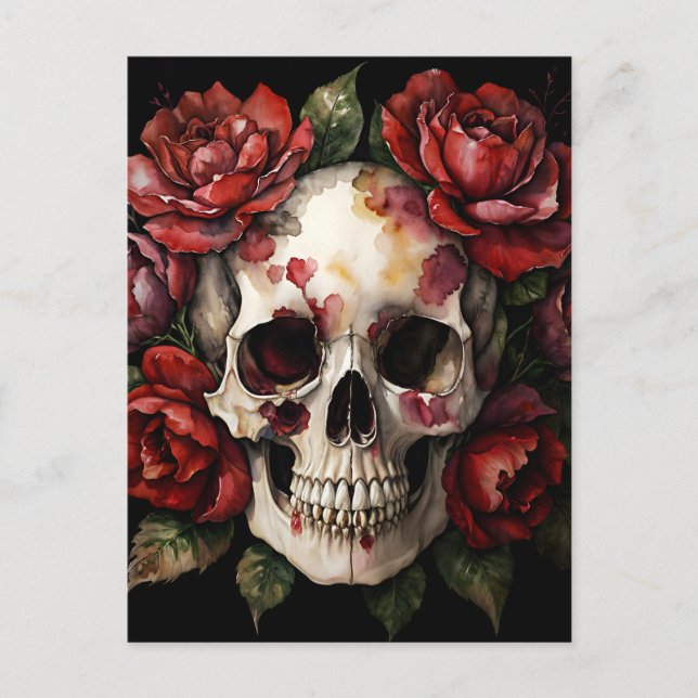 Carte Postale Crâne avec aquarelle rouge Roses (Devant)