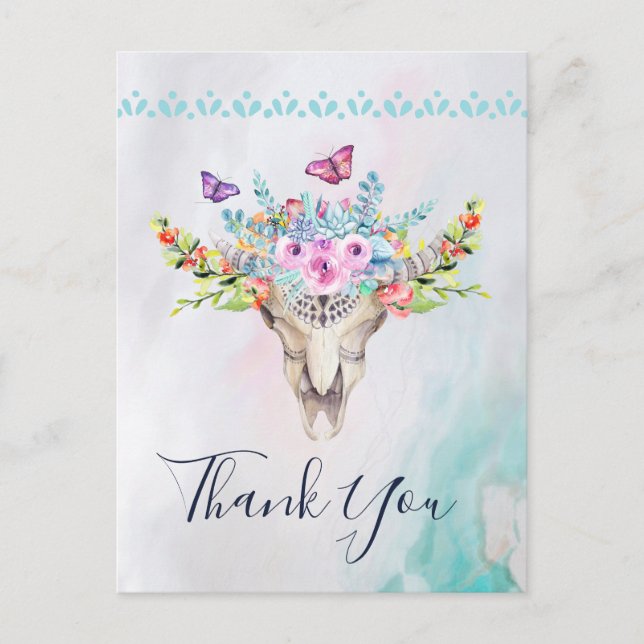 Carte Postale Crâne Boho avec papillons et Merci de fleurs (Devant)