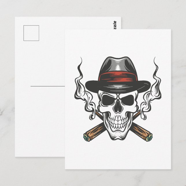 Carte Postale Crâne de gangster avec chapeau fedora (Devant / Derrière)
