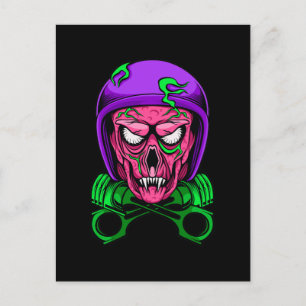 Carte Postale Crâne de motard zombie néon avec pistons croisés