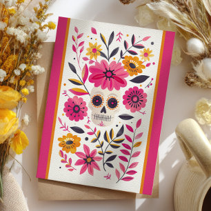 Carte Postale Crâne de Sucre Fuchsia Fleurs Mexicaines Cinco de 