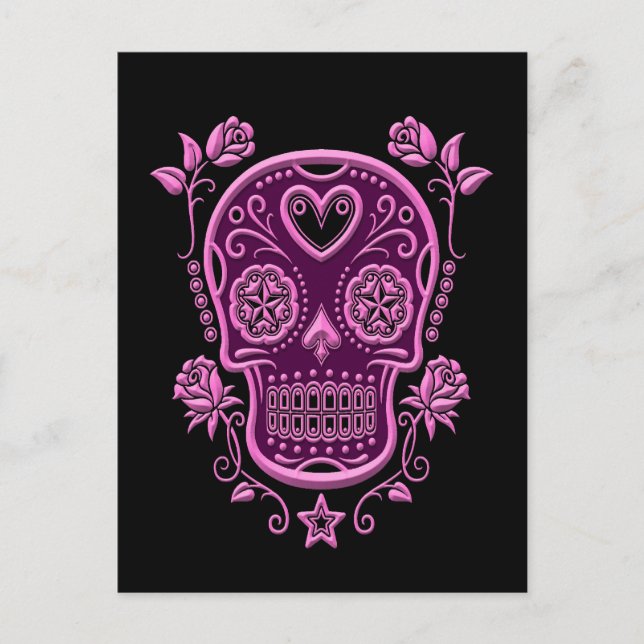 Carte Postale Crâne de sucre rose avec Roses sur noir (Devant)
