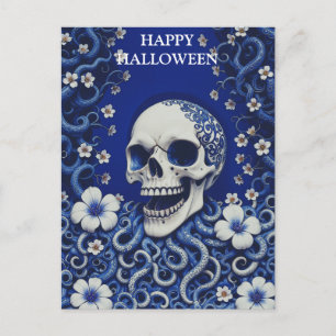 Carte Postale Crâne d'Halloween effrayant avec des fleurs