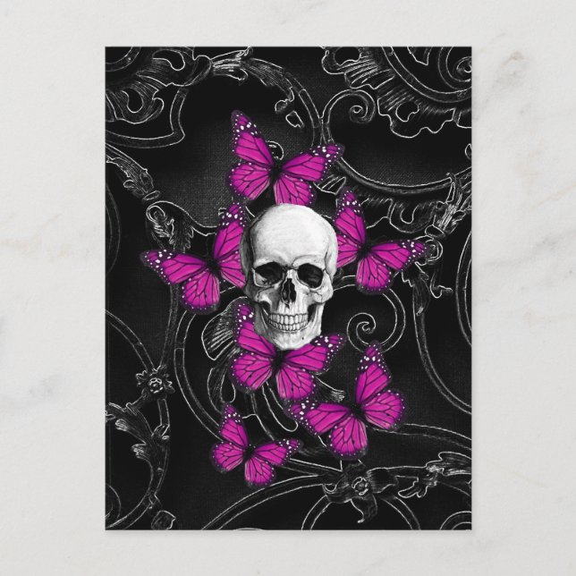 Carte Postale crâne d'Imaginaire et papillons roses chauds (Devant)