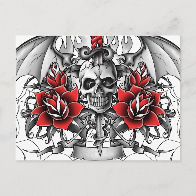 Carte Postale Crâne et poignard avec ailes de diable (Devant)