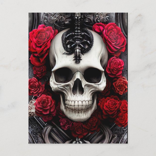 Carte Postale Crâne foncé et gothique et Rose (Devant)
