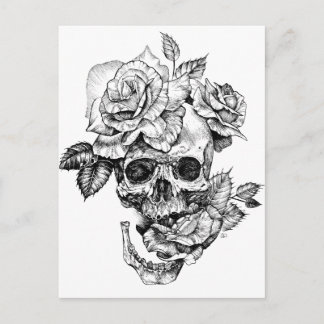 Carte Postale Crâne humain et encre noire rose