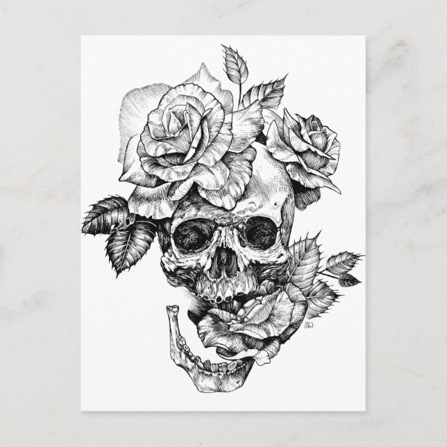 Carte Postale Crâne humain et encre noire rose (Devant)