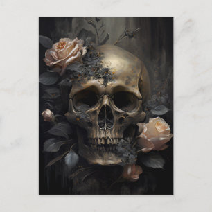 Carte Postale Crâne humain et Rose gothique foncé