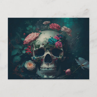 Carte Postale Crâne mortel avec fleurs décoratives